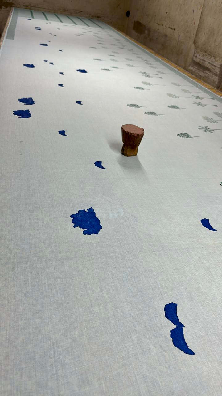 Blue summer sky block printed mulmul saree