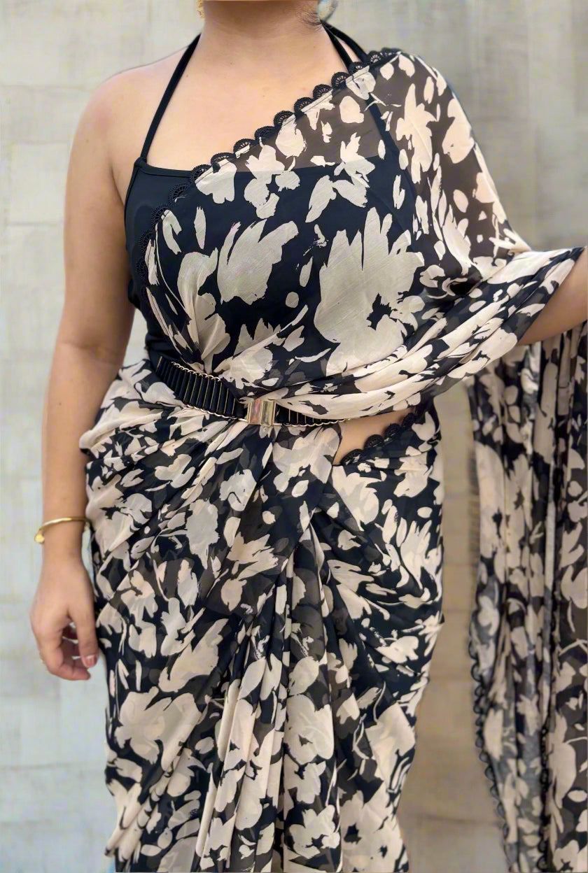 Black floral chiffon saree