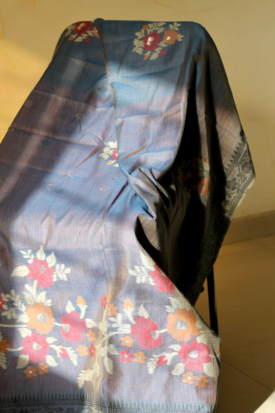 Grey chanderi cotton jamdani saree