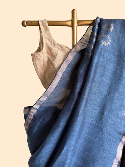Blue jamdani linen saree