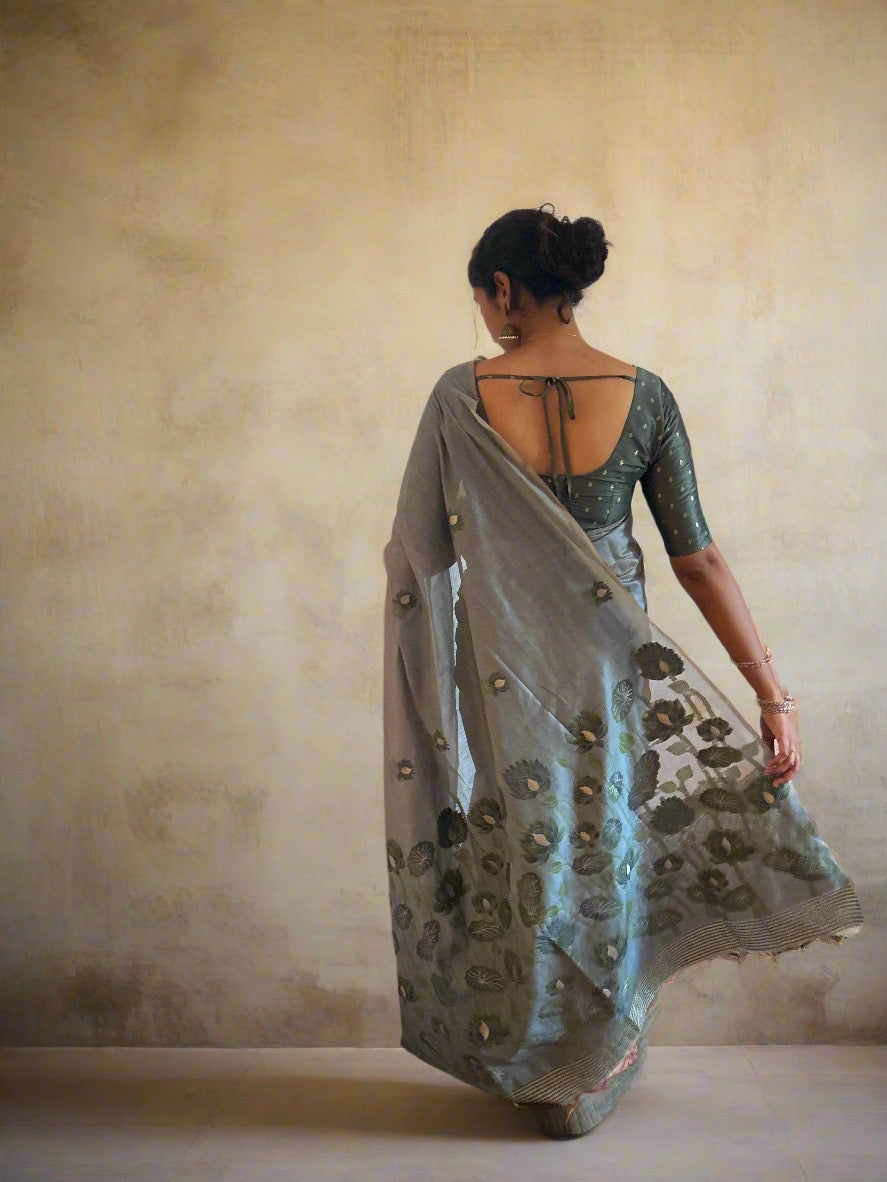 Grey-Blue chanderi cotton lotus saree