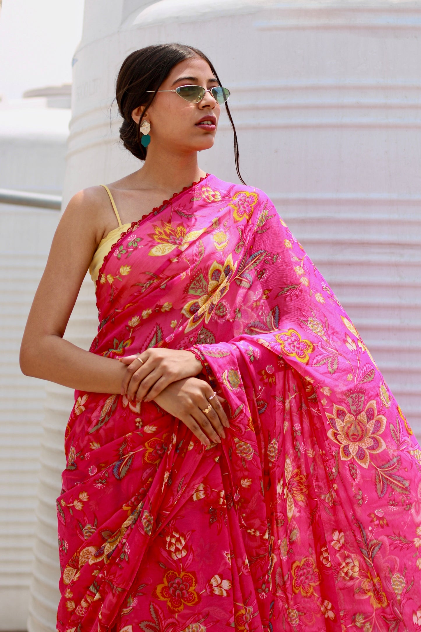Pink chiffon saree