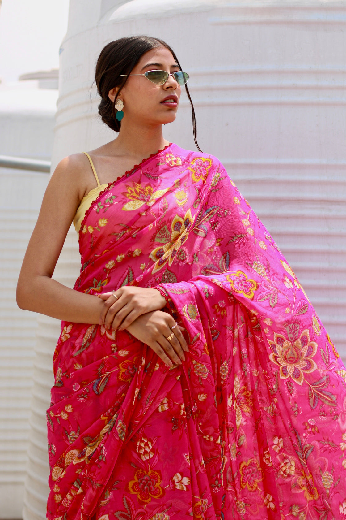 Pink chiffon saree