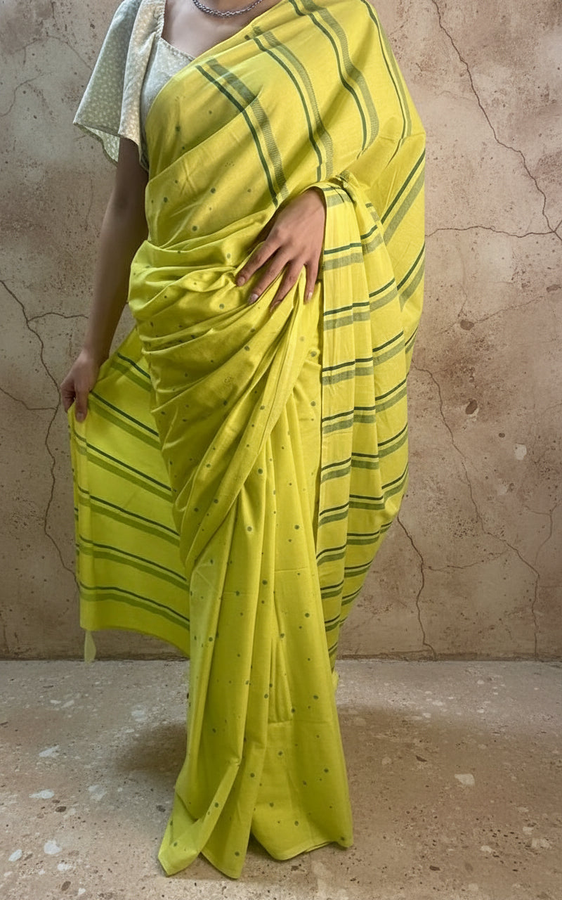 Neon yellow hand blockprinted cotton mulmul saree