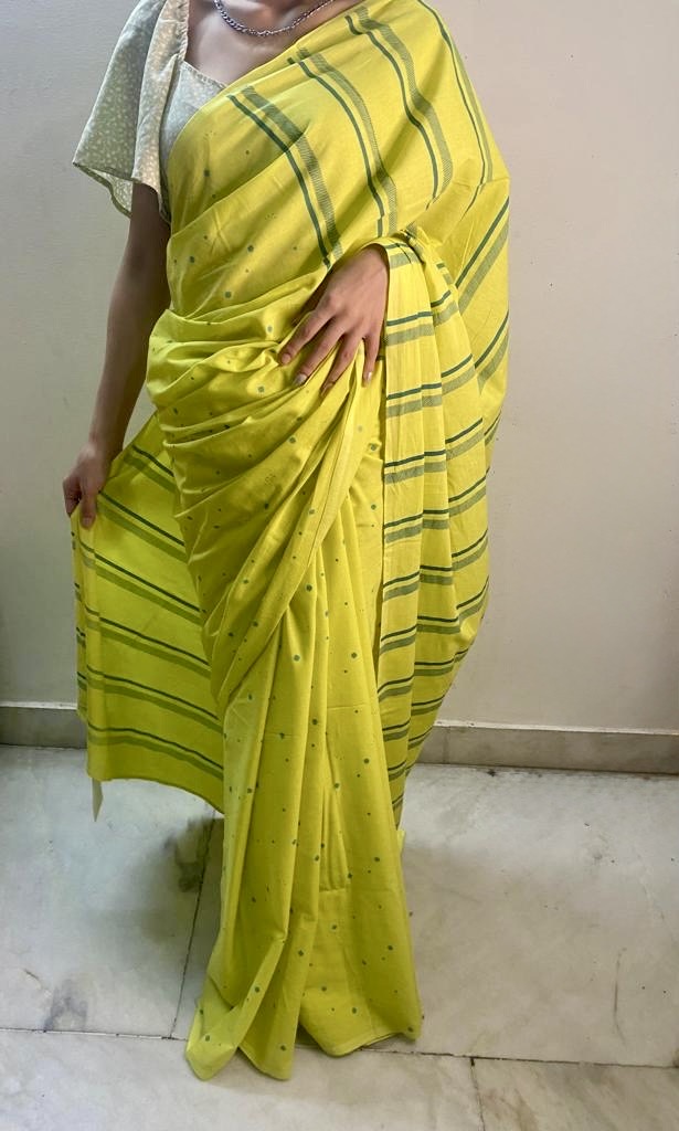 Neon yellow hand blockprinted cotton mulmul saree