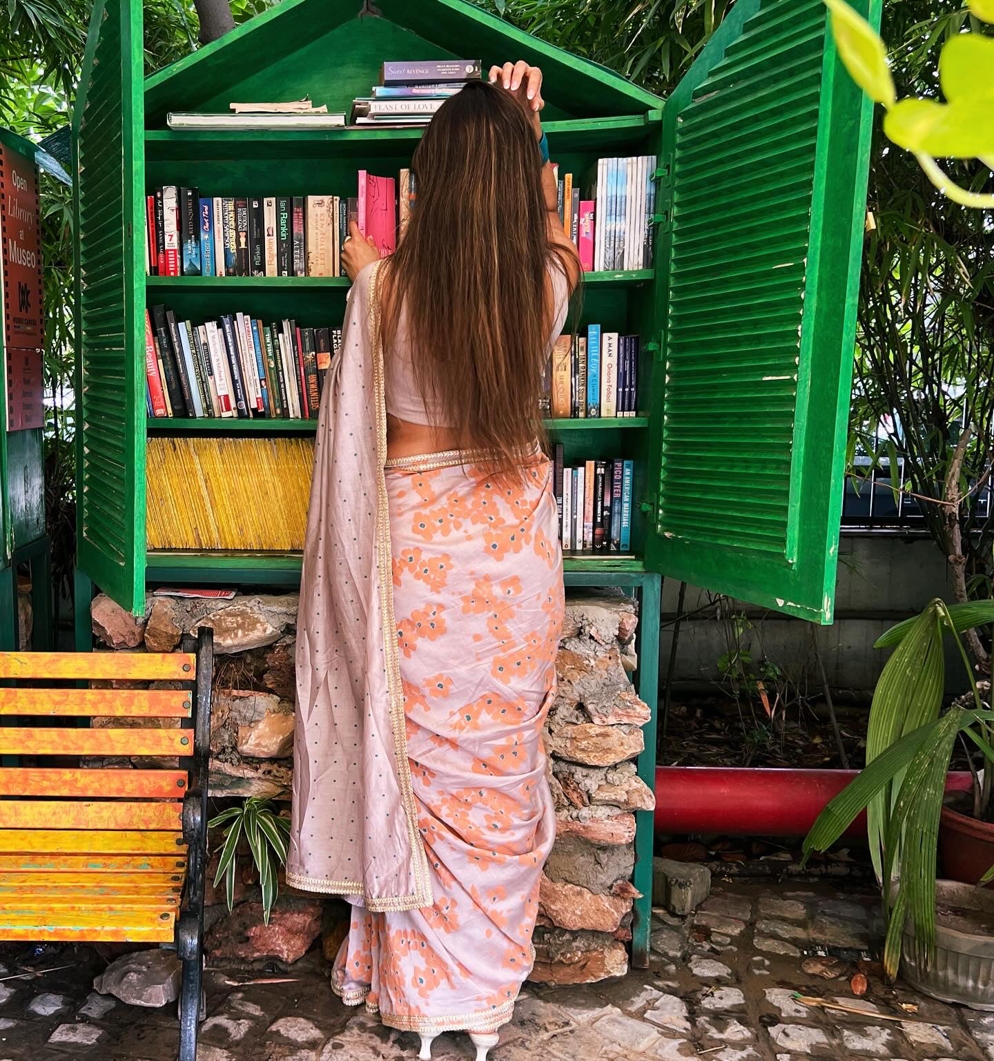Orange blockprinted chanderi silk saree