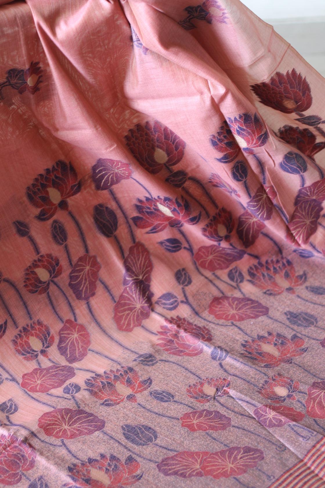 Peach chanderi cotton lotus saree