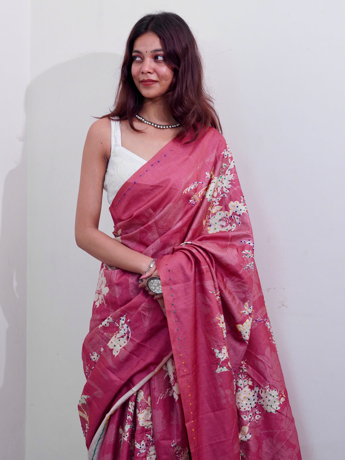 Pink floral French knot saree