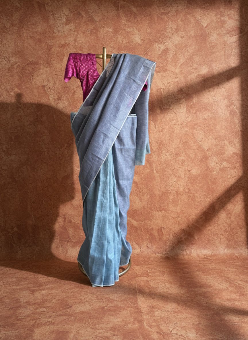 Blue linen zari saree