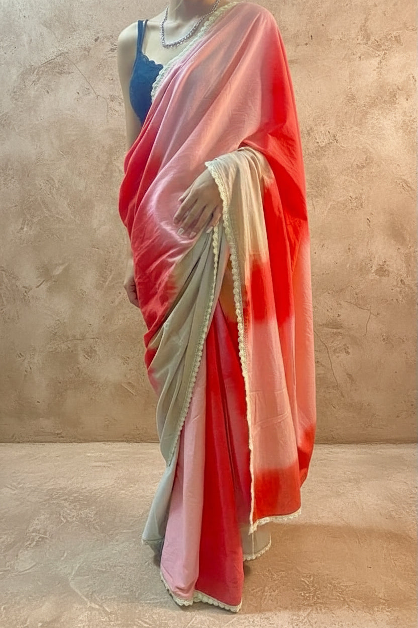 Pink red ombré cotton mulmul saree