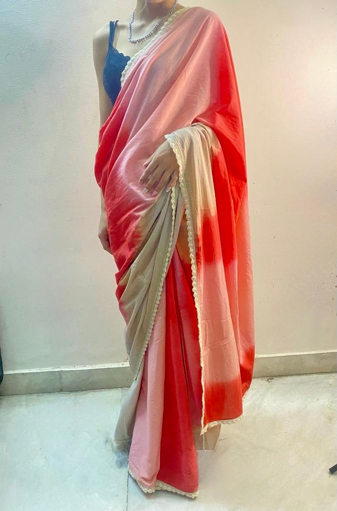 Pink red ombré cotton mulmul saree