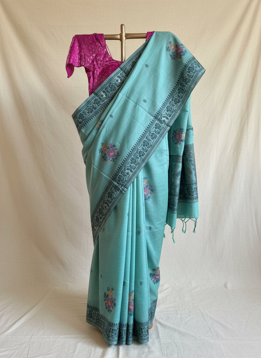 Teal chanderi cotton jamdani saree