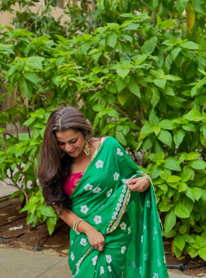 Green blockprinted chanderi silk saree