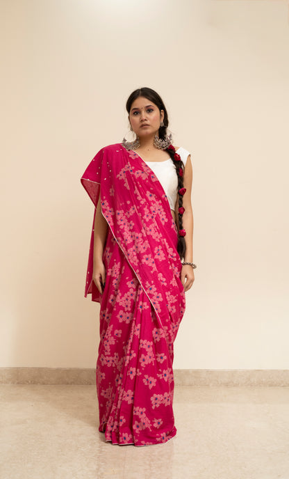 Pink blockprinted cotton mulmul saree
