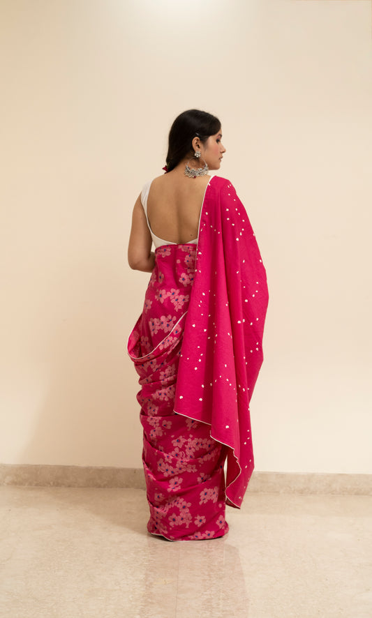 Pink blockprinted cotton mulmul saree