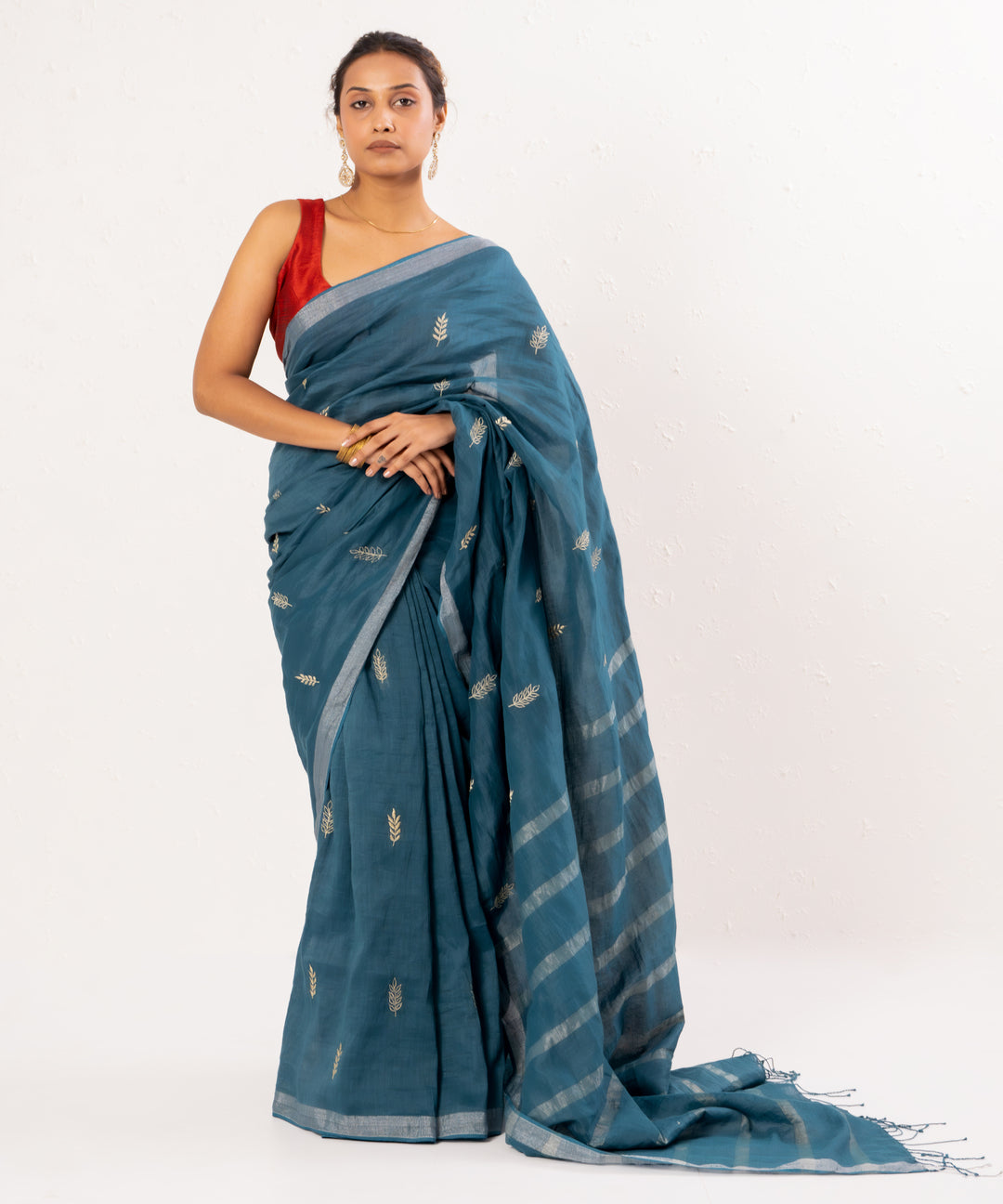 Festive blue handwoven linen saree