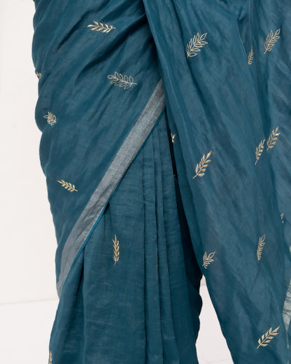 Festive blue handwoven linen saree