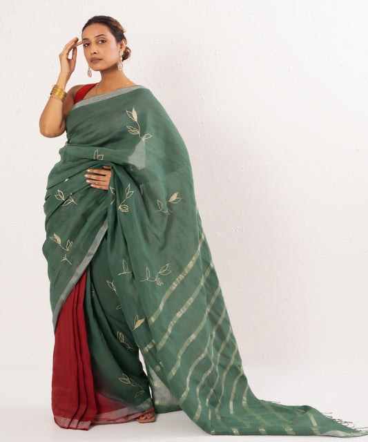 Green maroon handwoven linen saree