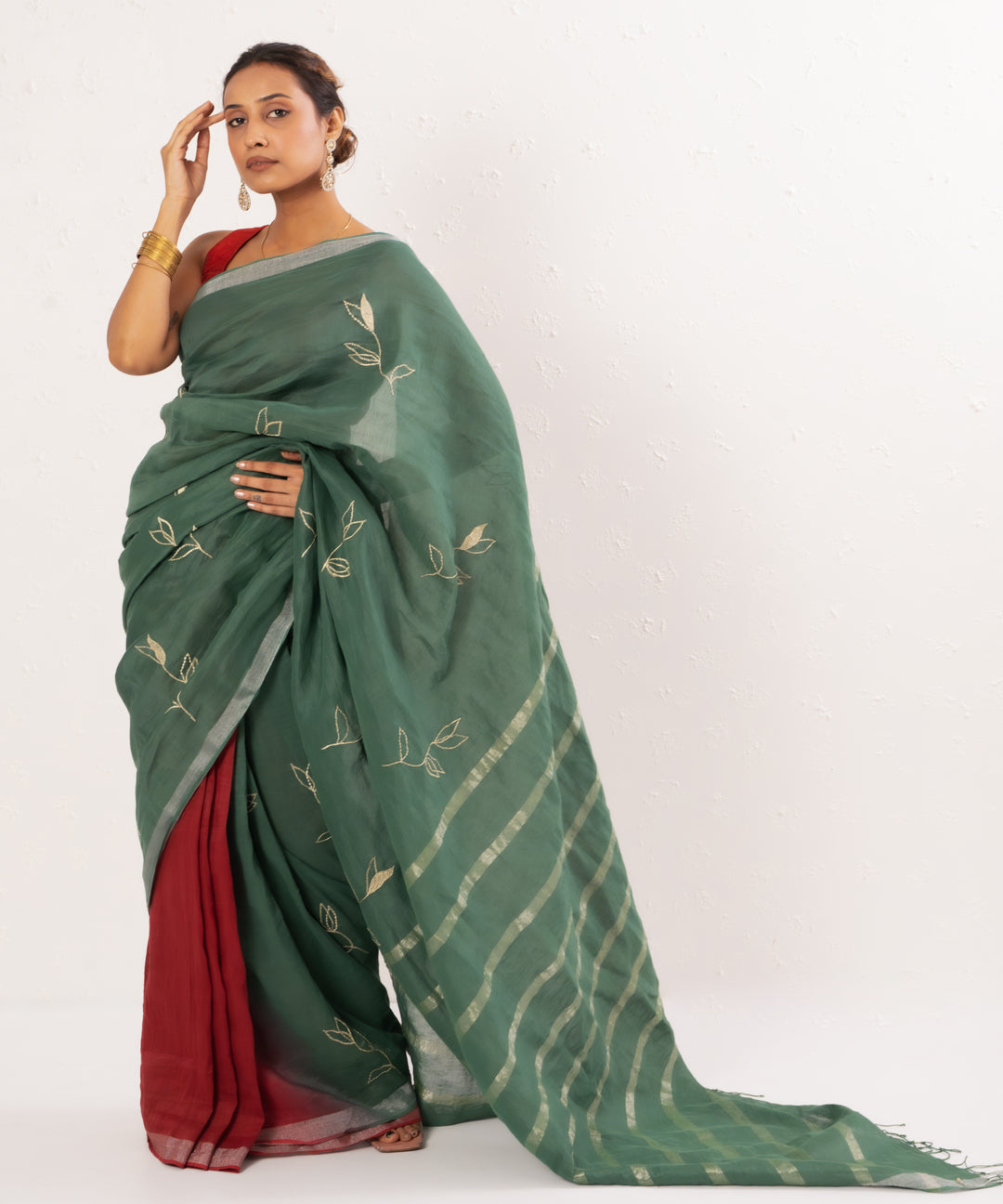 Green maroon handwoven linen saree
