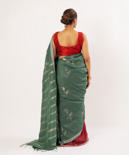 Green maroon handwoven linen saree