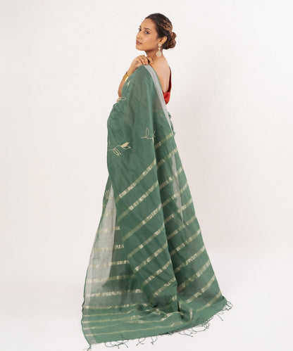 Green maroon handwoven linen saree