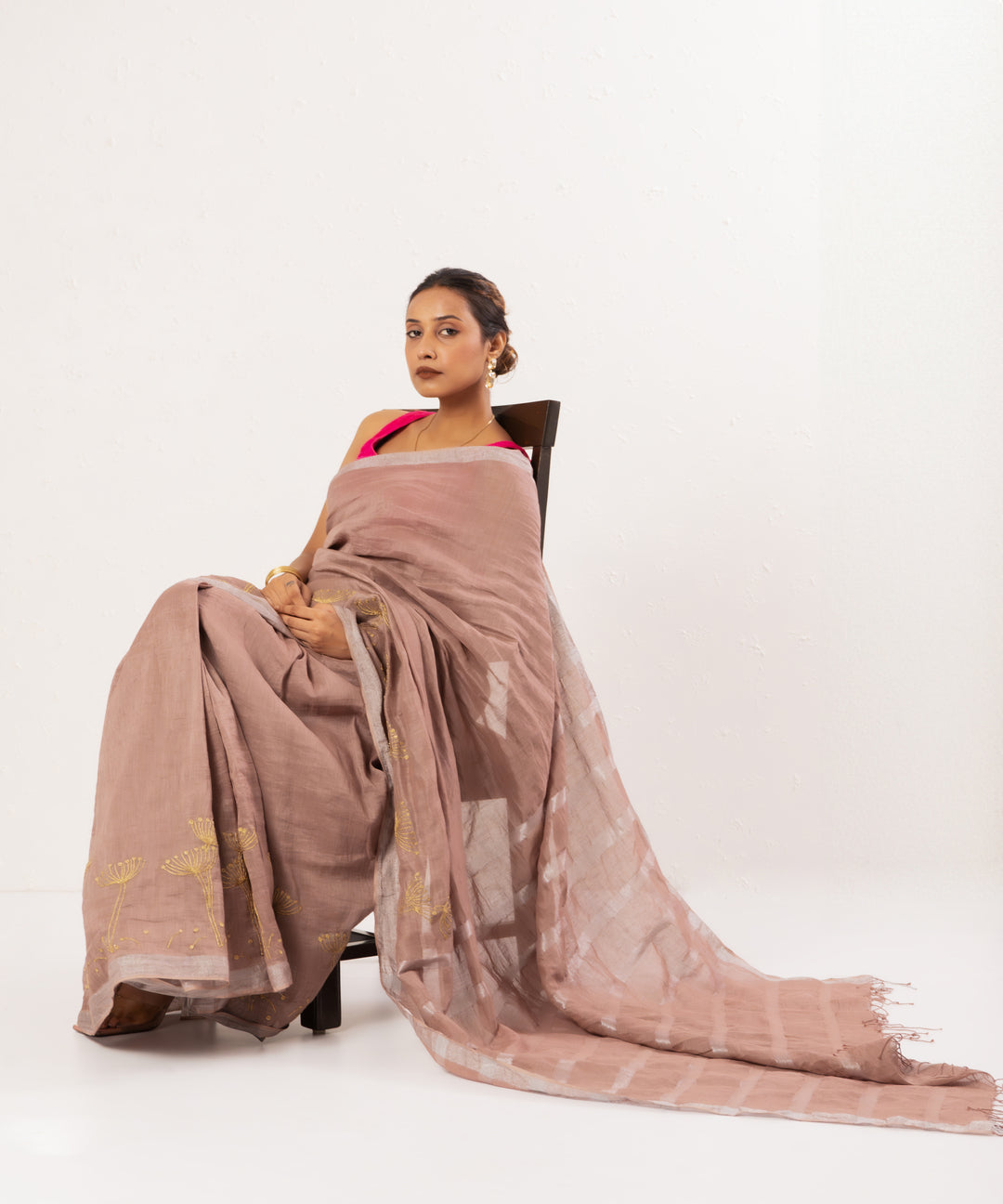 Old rose handwoven linen saree