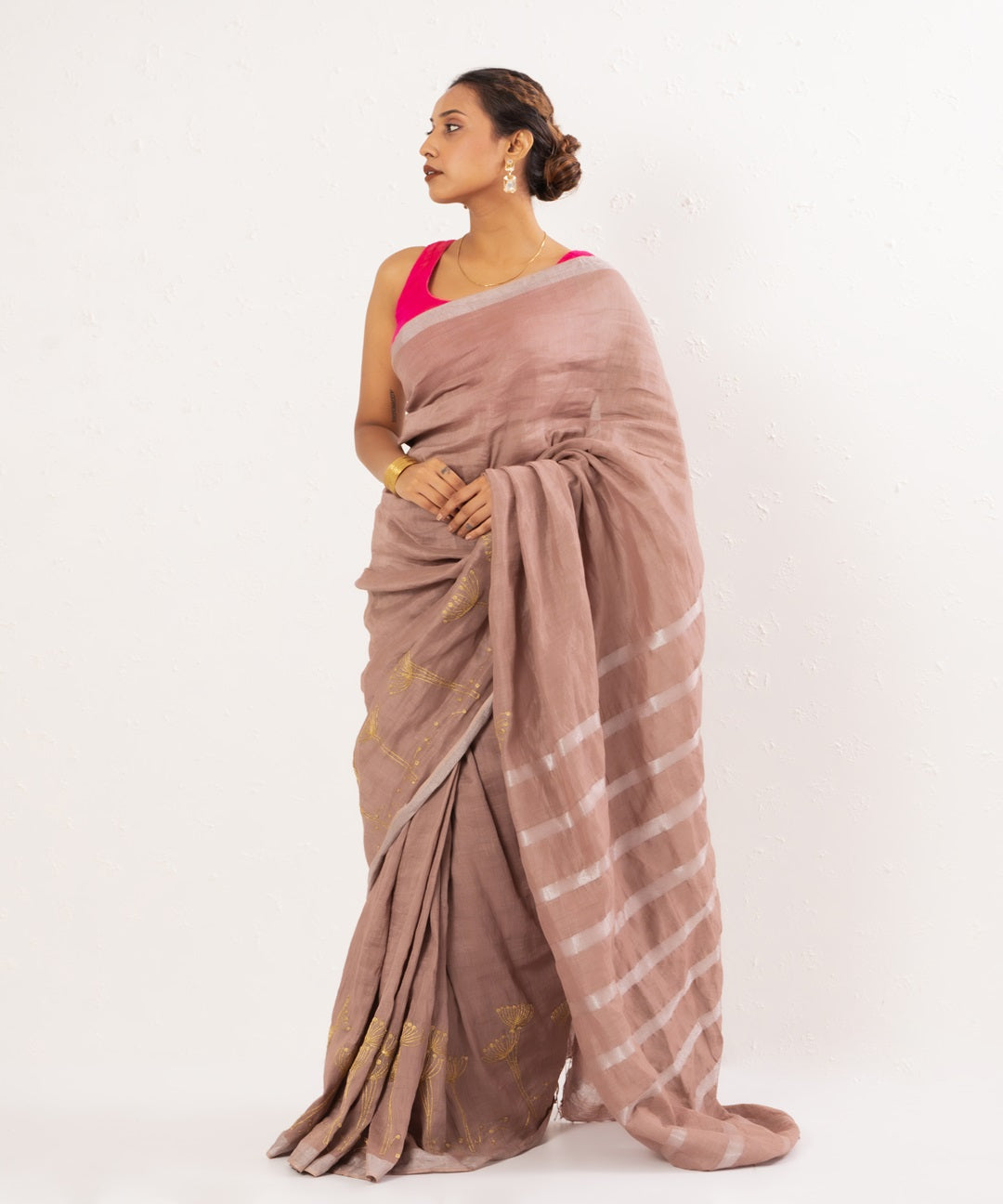 Old rose handwoven linen saree