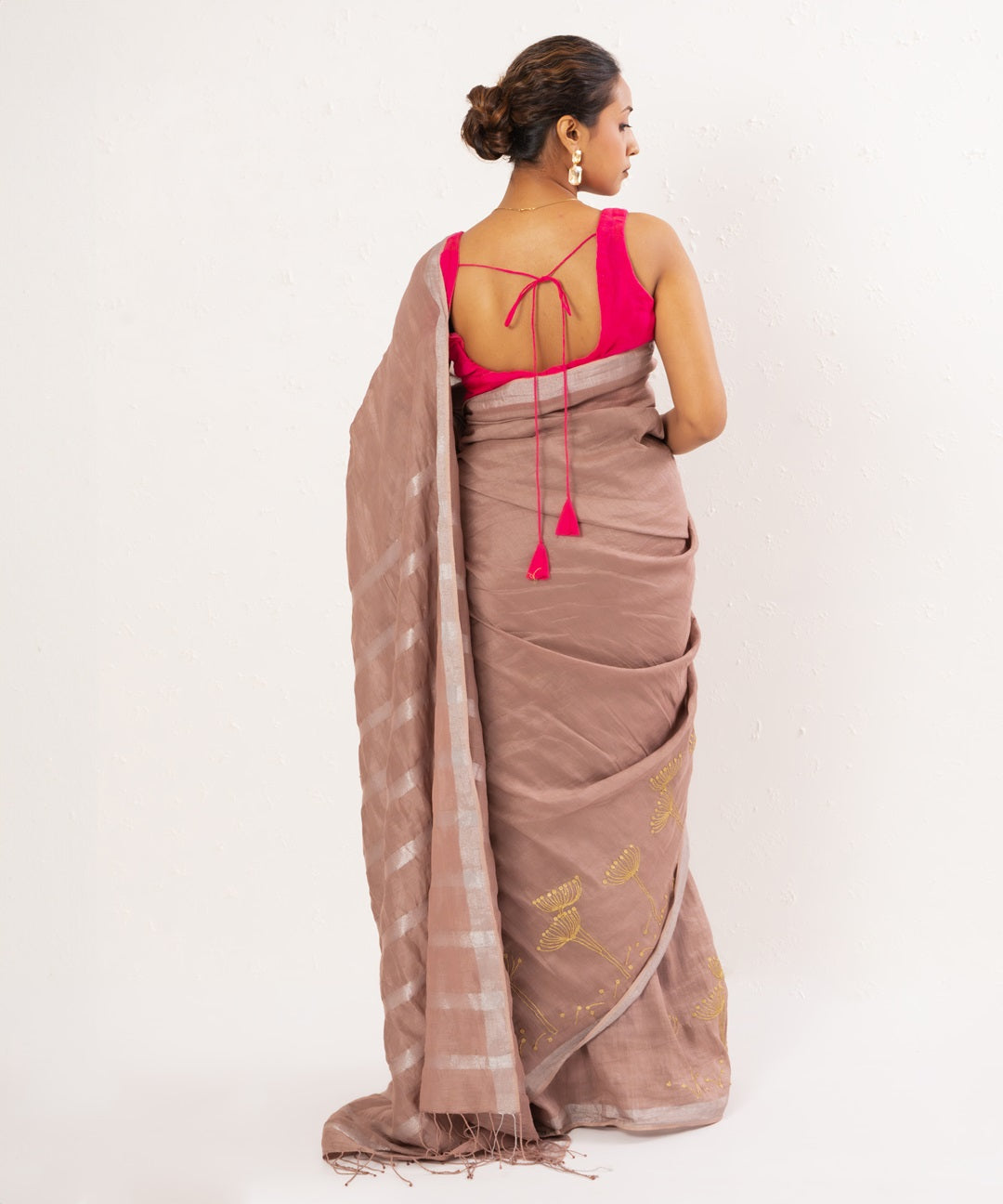 Old rose handwoven linen saree