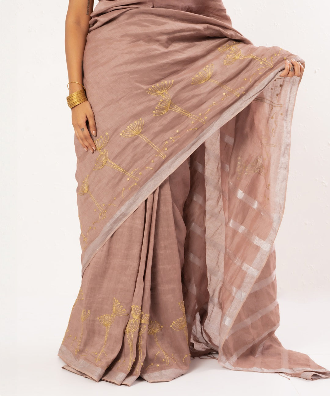 Old rose handwoven linen saree