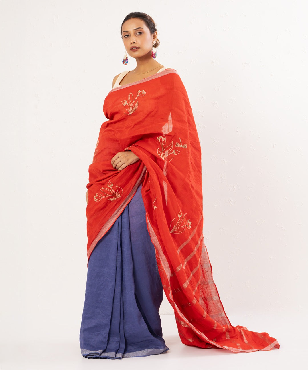 Red purple handwoven linen saree