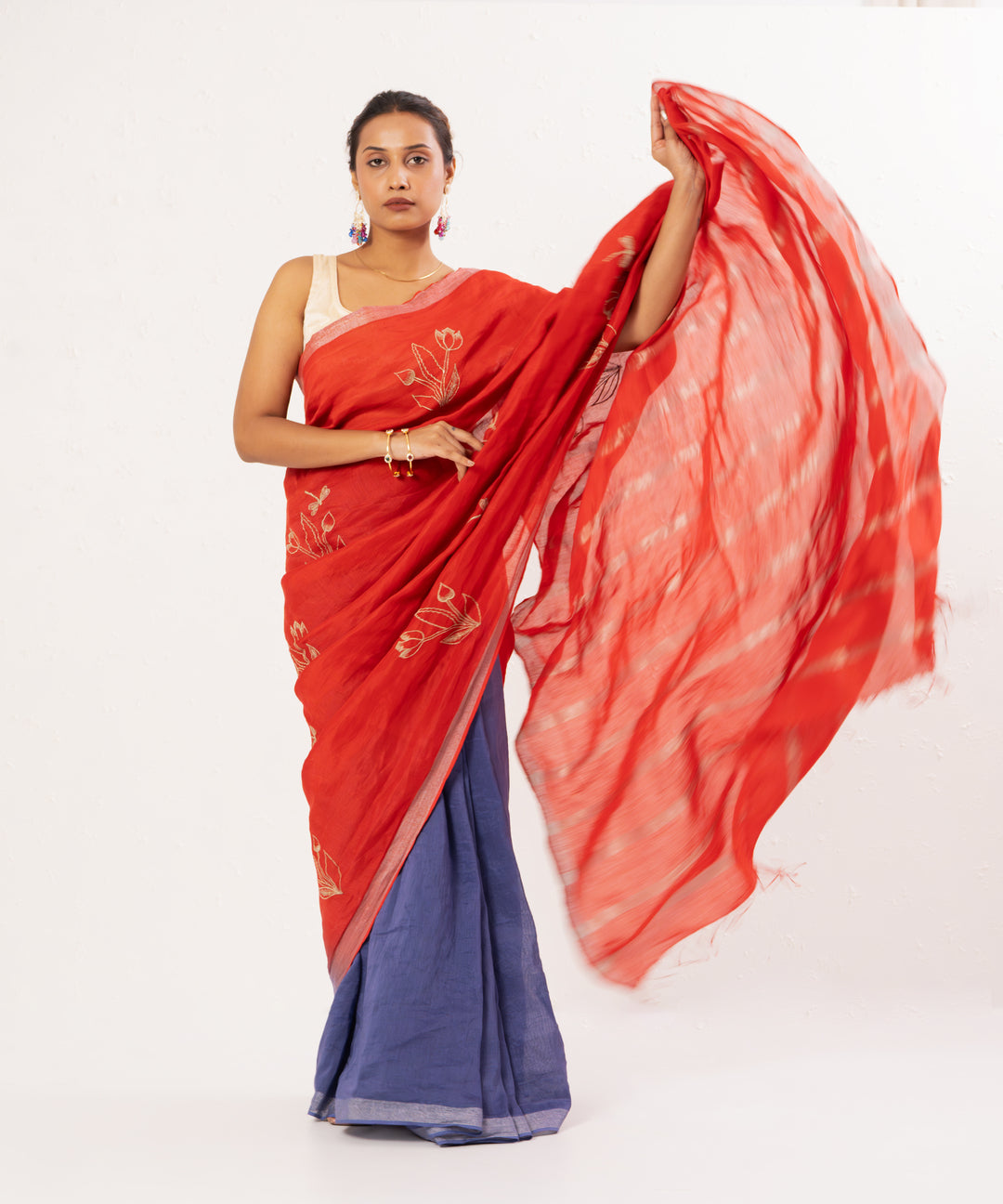 Red purple handwoven linen saree