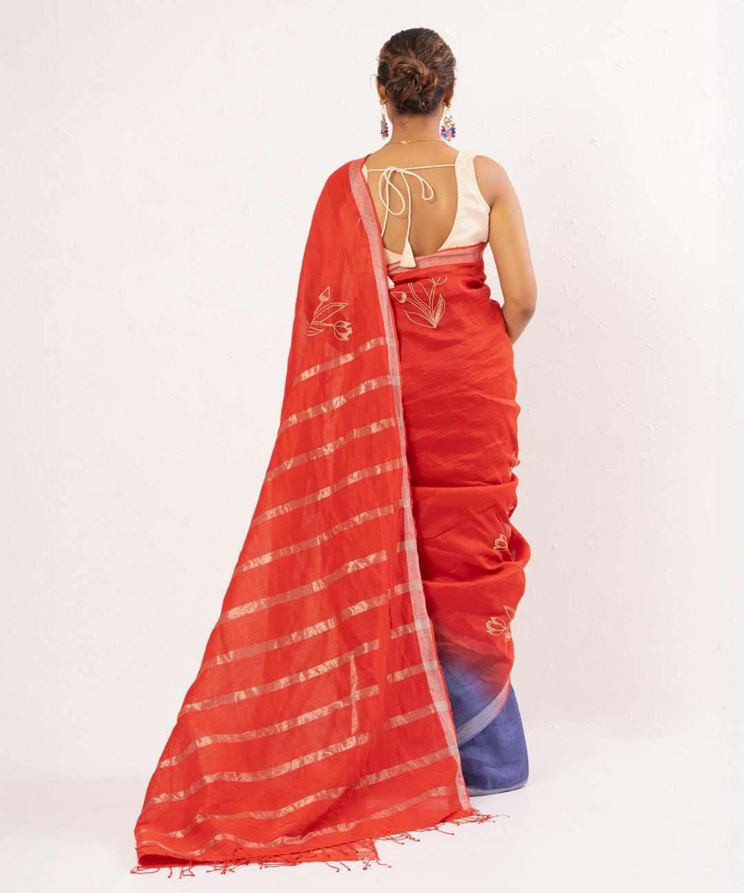 Red purple handwoven linen saree