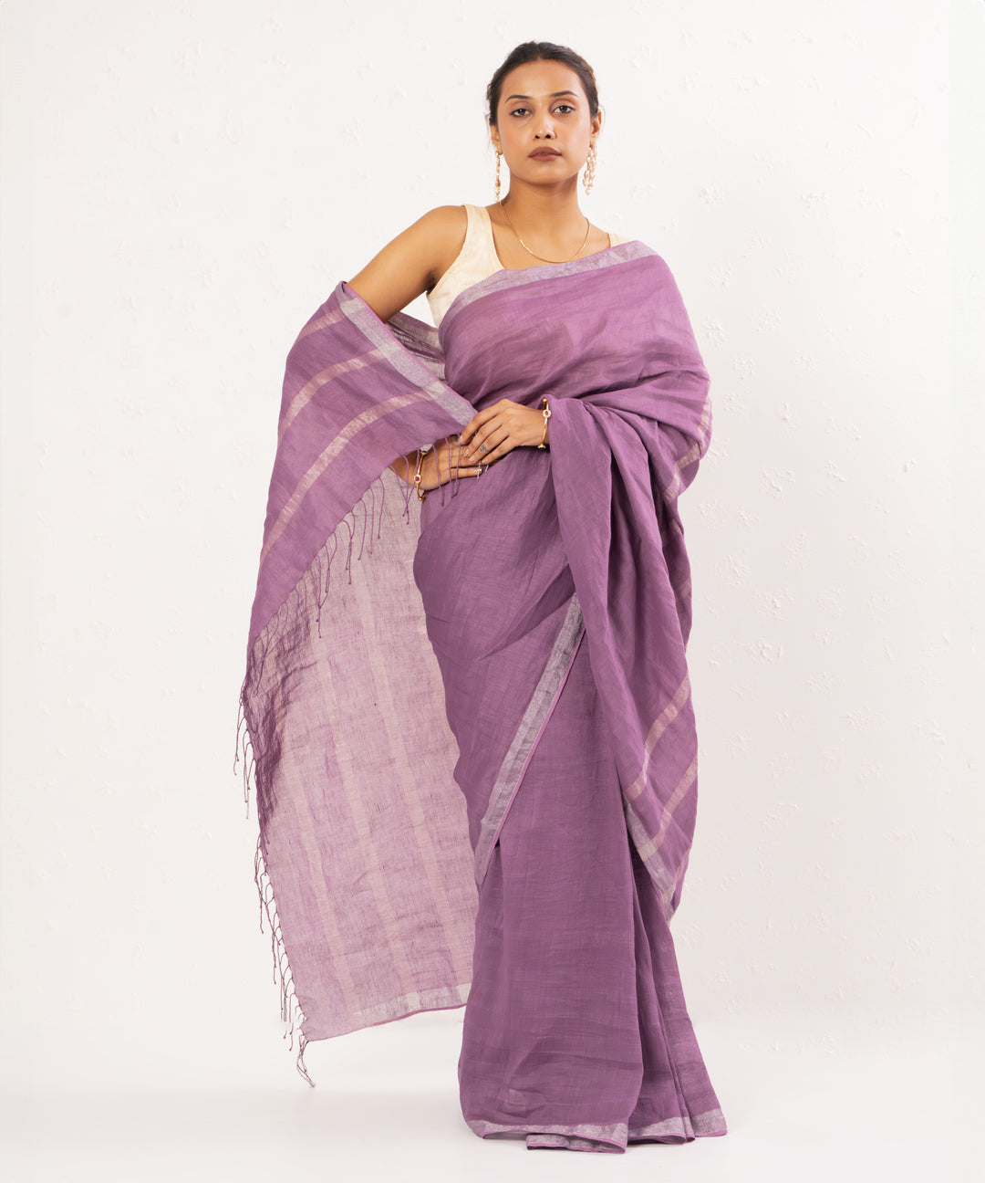 Festive lavender handwoven linen saree