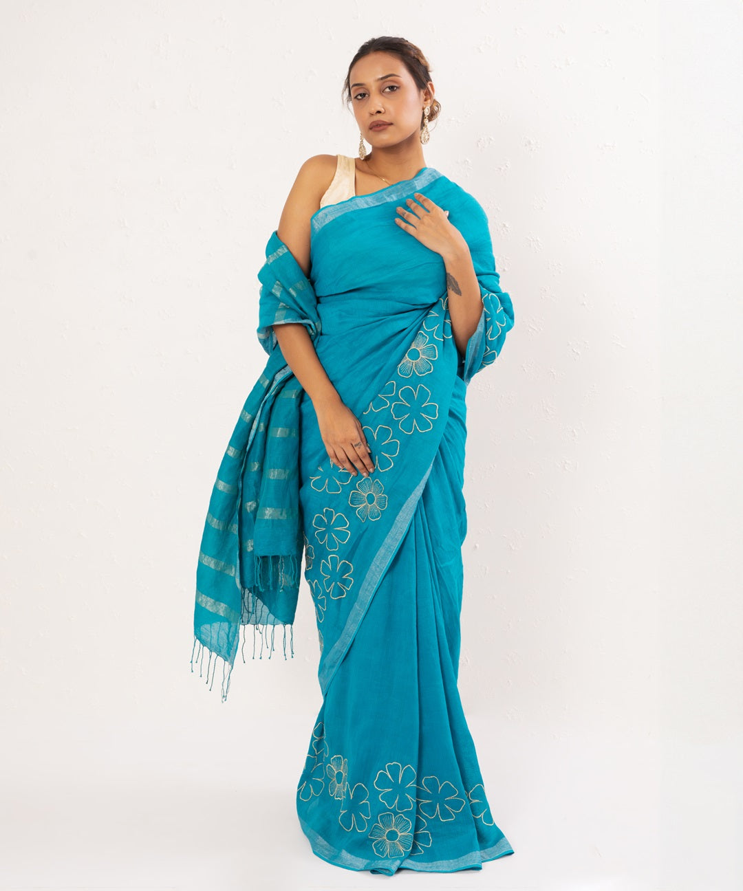 Blue handwoven linen embroidered saree