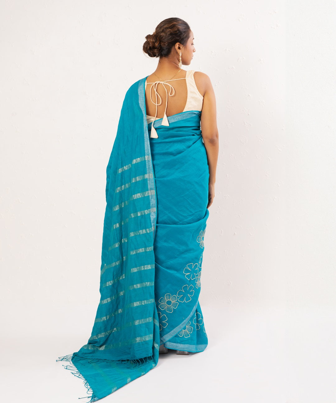 Blue handwoven linen embroidered saree