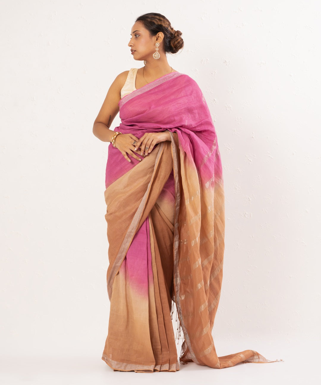 Pink brown handwoven linen saree