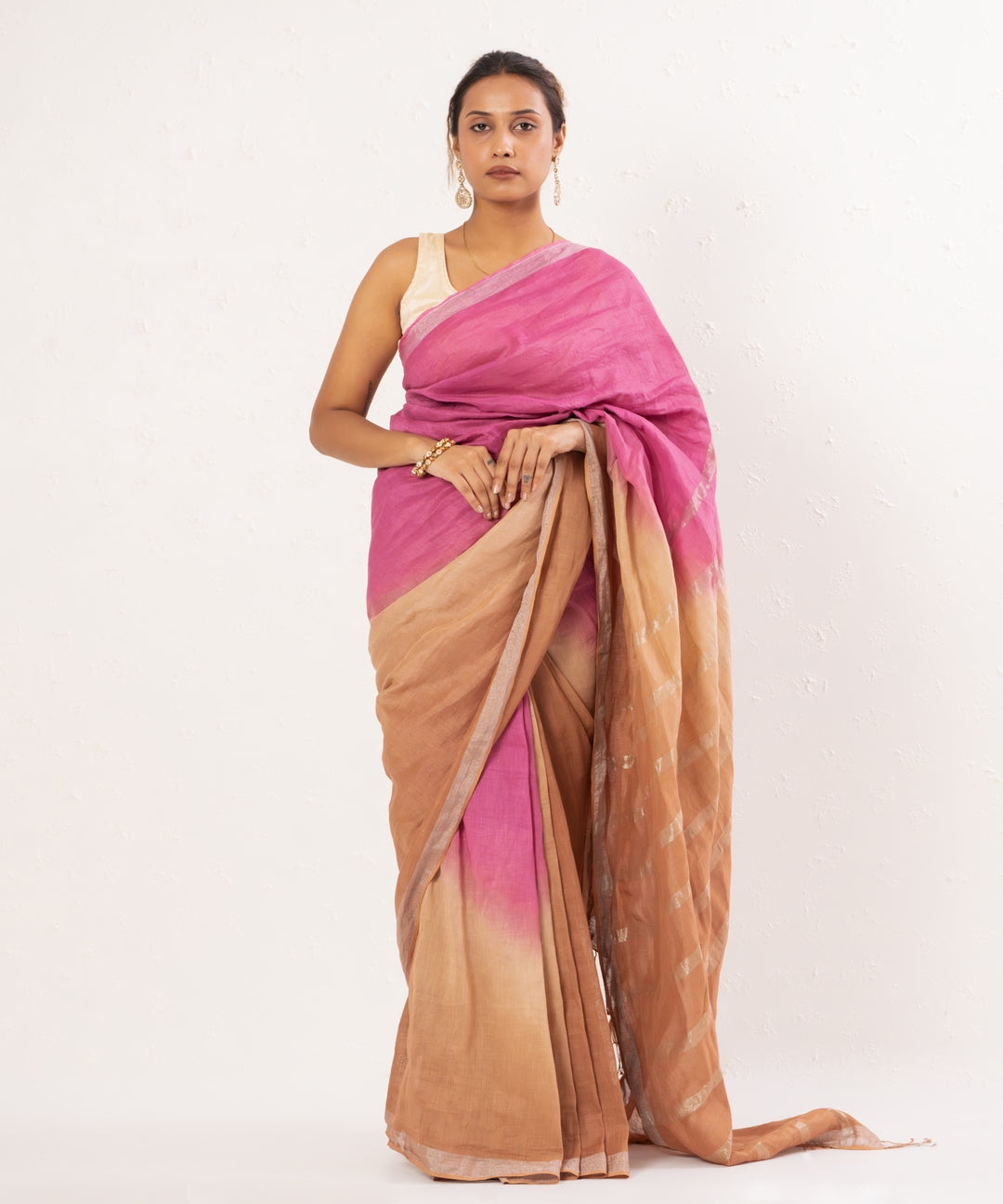 Pink brown handwoven linen saree