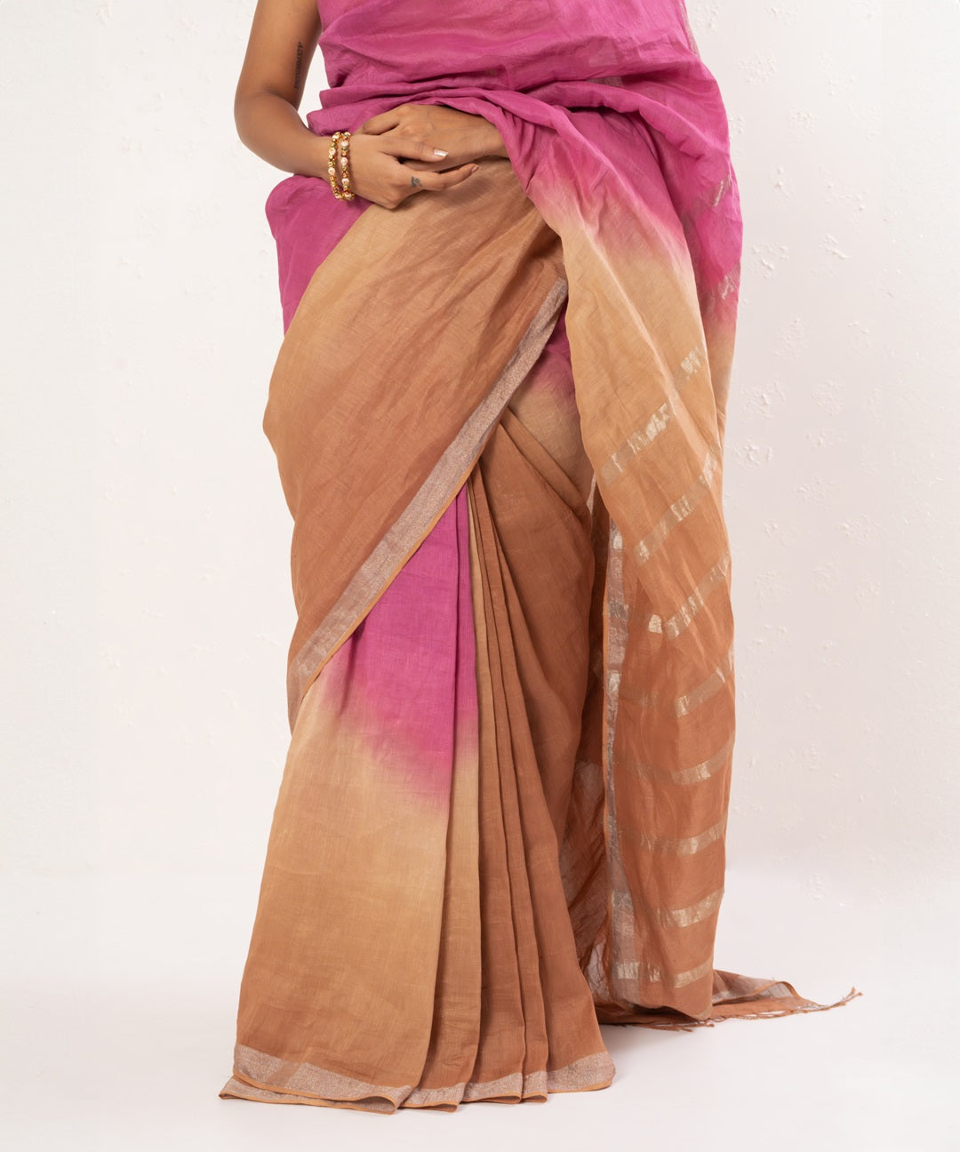 Pink brown handwoven linen saree