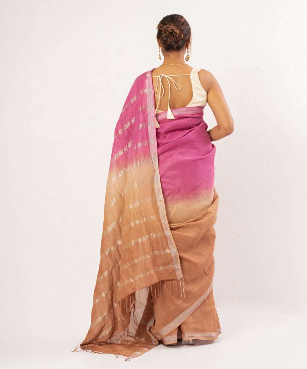 Pink brown handwoven linen saree