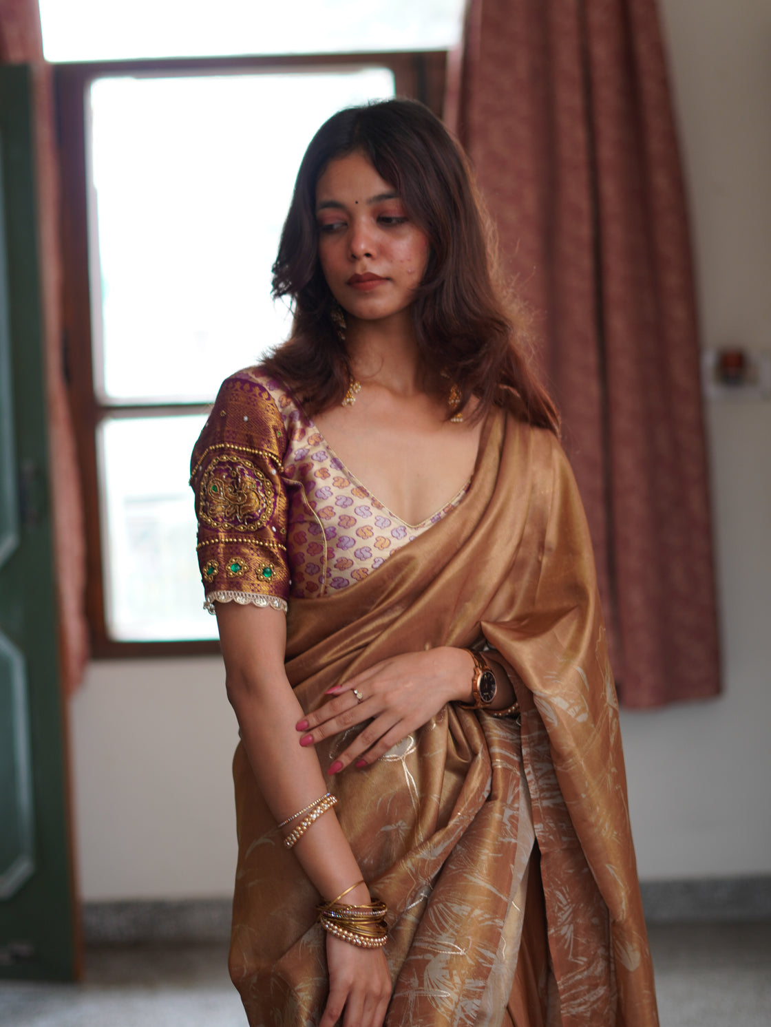 Brown abstract tissue silk saree