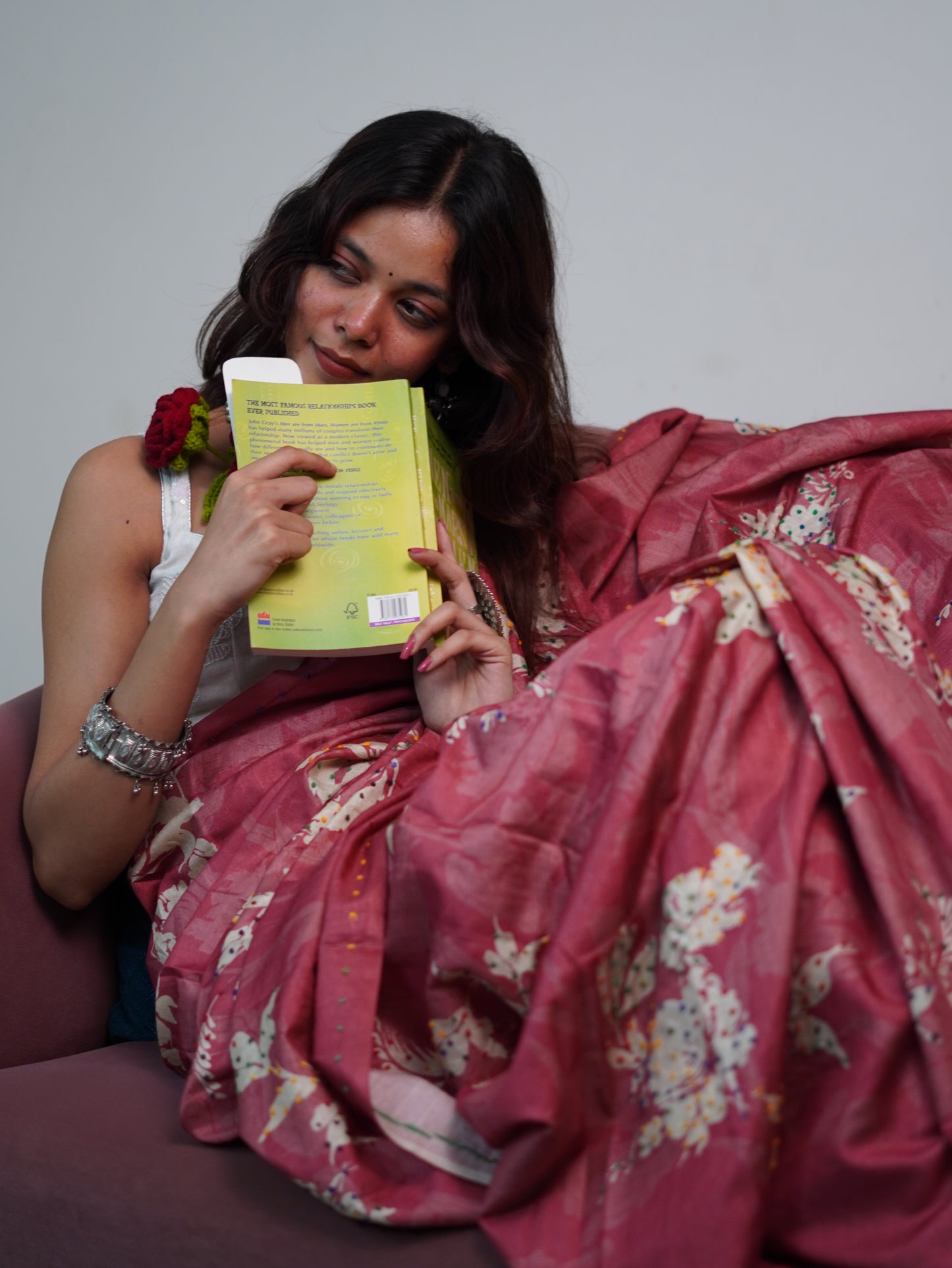 Pink floral French knot saree