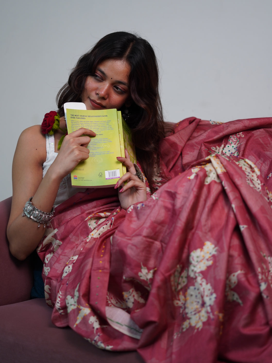 Pink floral French knot saree