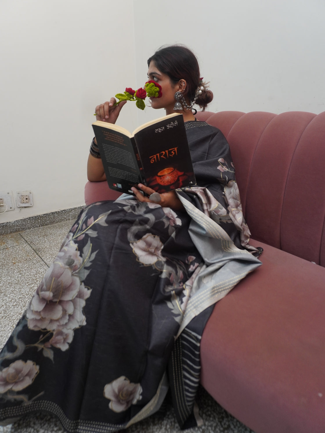 Bluish-black floral saree