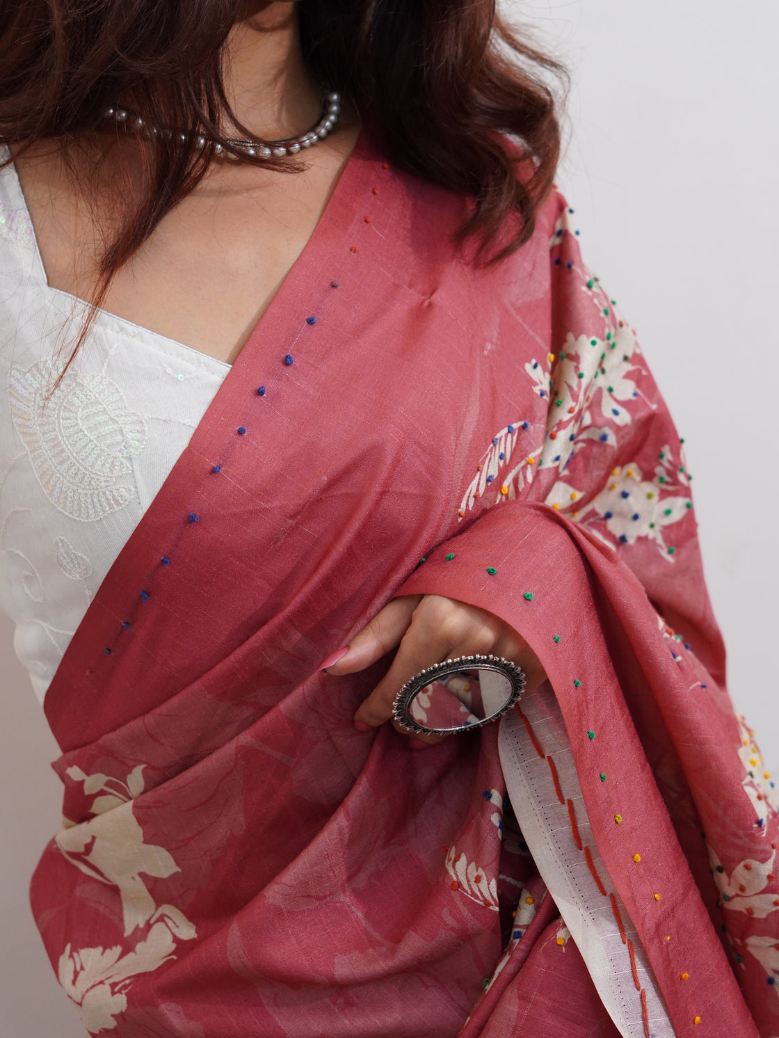 Pink floral French knot saree