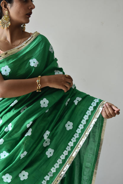 Green blockprinted chanderi silk saree