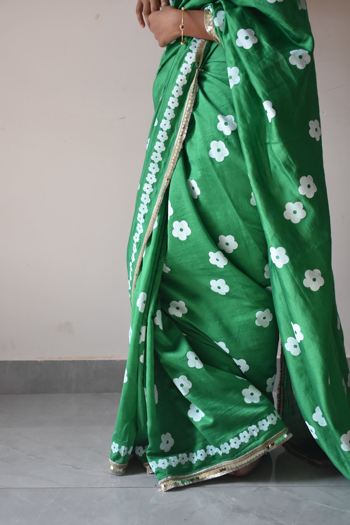 Green blockprinted chanderi silk saree