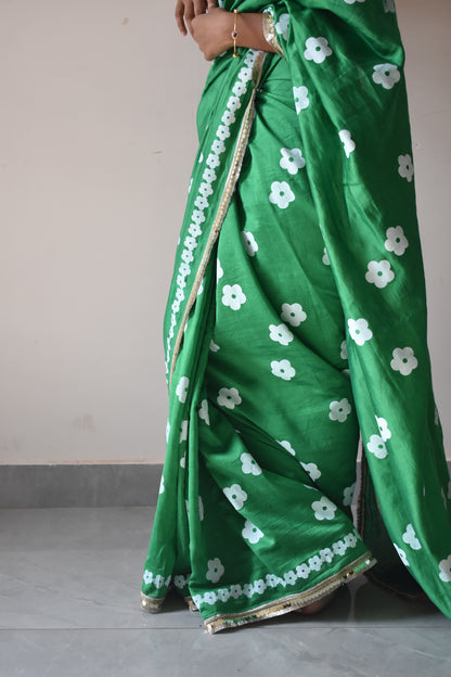 Green blockprinted chanderi silk saree