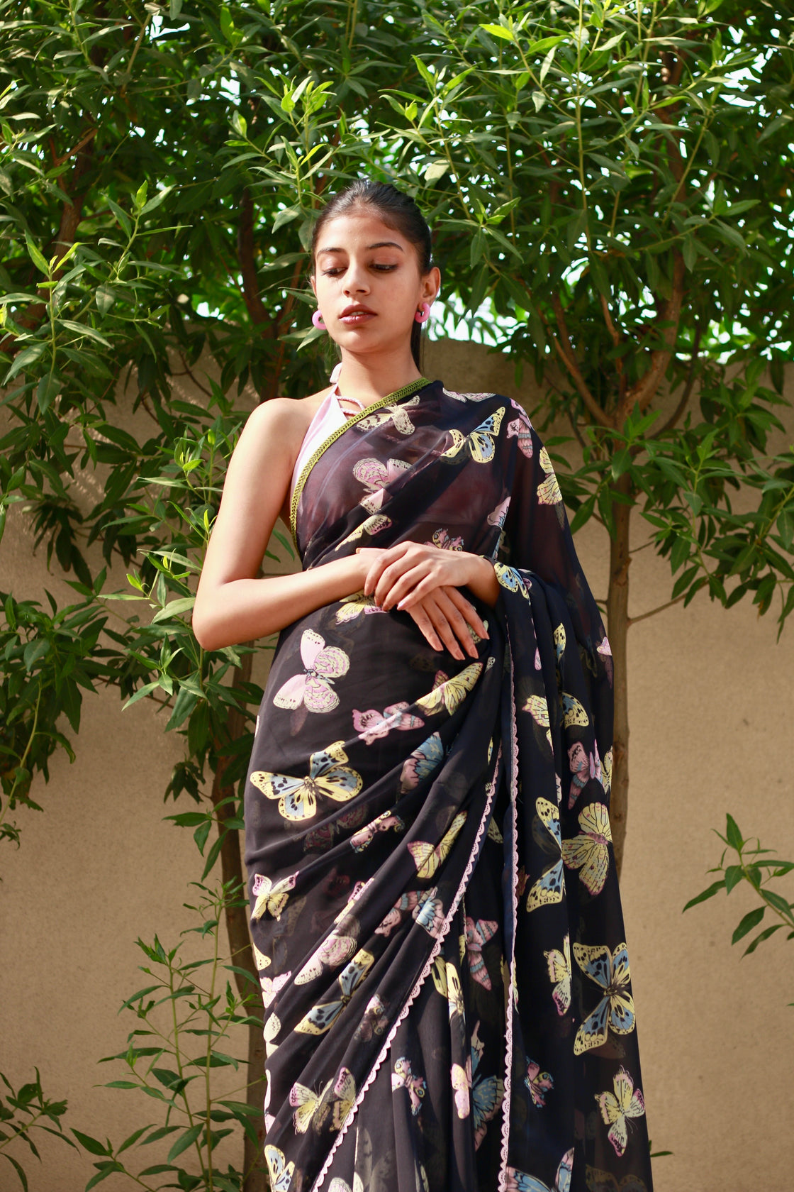 Navy blue printed georgette saree