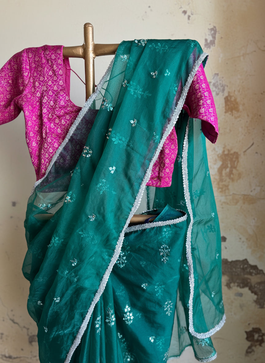 Green organza saree