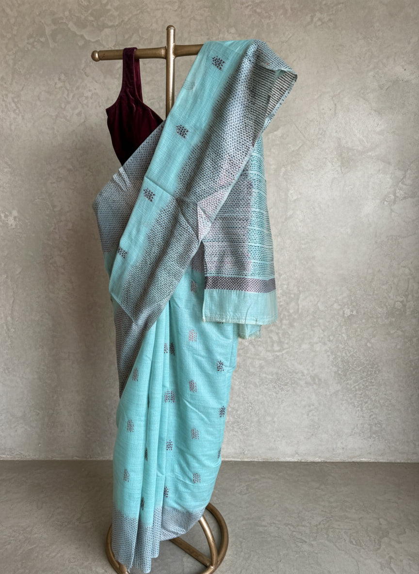 Sea green chanderi cotton kantha saree